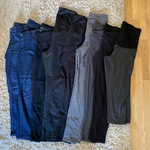 9 pairs of maternity pants. Size 8-10 / Medium. Jeans, leggings, workout capris.